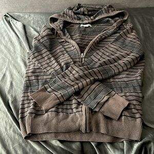 Commerce brown and black striped zip up hoodie.